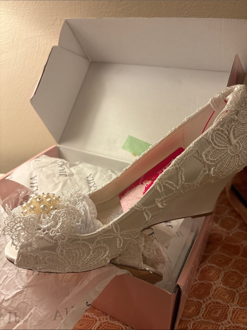 Elegant Women's Ivory Lace Peep-Toe Wedge Heels with Pearl Accent Wedding